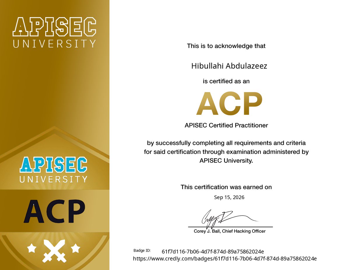 0xcyb3rleo's tweet photo. Alhamdulillah, another milestone! ACP Certified ๐ฏ๐
Exactly a month after passing my CASA, I knocked out some more @apisecu courses and just passed the ACP!.
Huge thanks to the AU team for the awesome resources. Dropping both certs below! ๐๐ฅ
#CyberSecurity #APIsec #AppSec https://t.co/HspmQK96P2