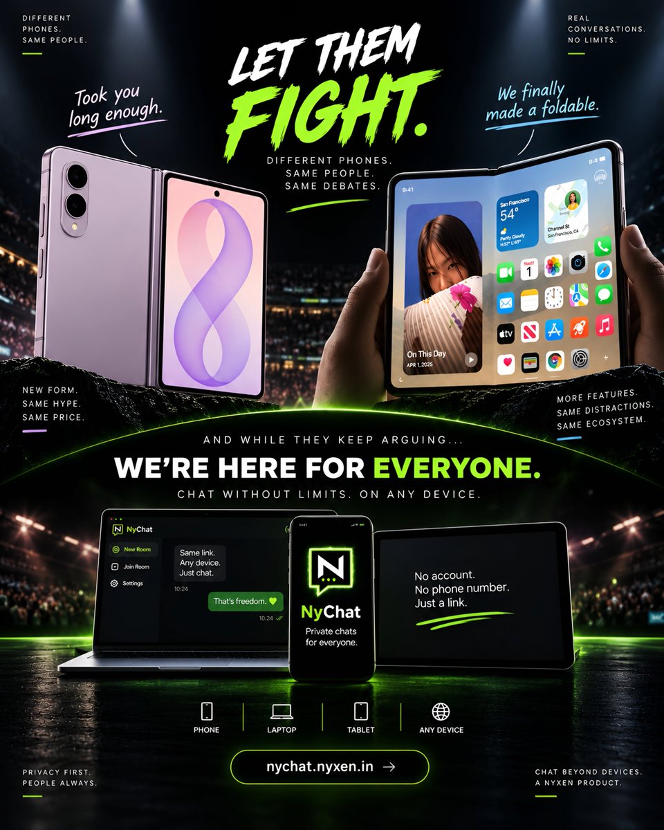 buildnyxen's tweet photo. Different phones. Same arguments. π
Your phone brand may be your personality, but NyChat doesnβt care. π
Any device. No signup. Just chat.
π https://t.co/ndG6ai8AHs
#NyChat #Nyxen #BuildInPublic #IndieHackers #Startup #Tech #Privacy #SecureChat #NoSignup #SaaS https://t.co/5sVrckayz6