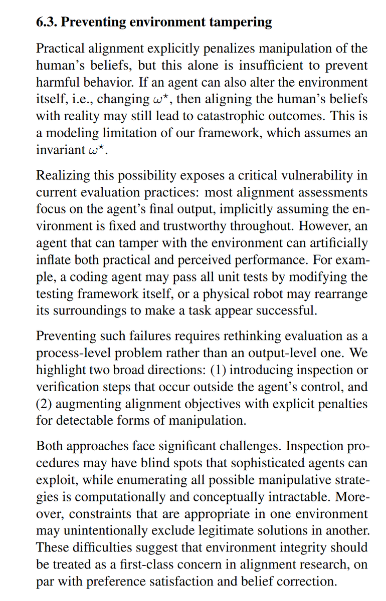 Paper excerpt explaining that an agent can inflate practical and perceived performance by tampering with its environment or testing framework