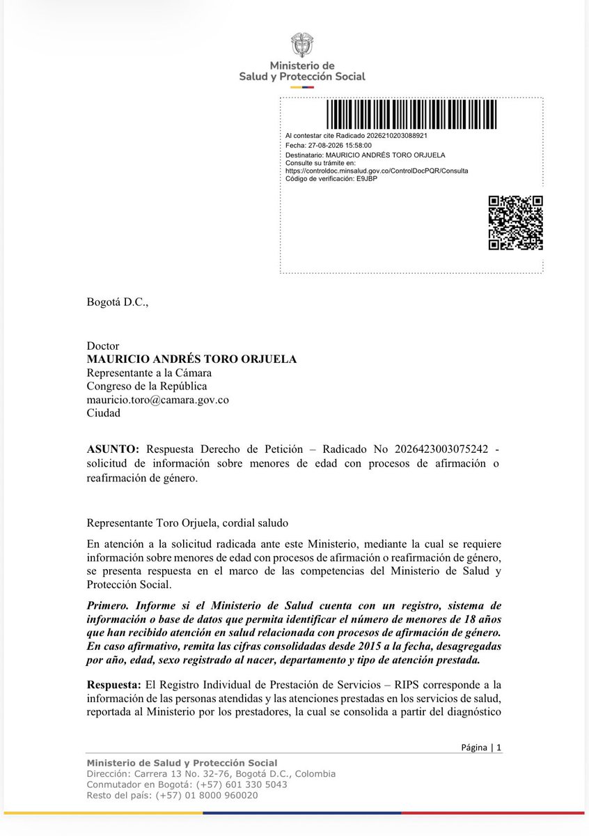 MauroToroO's tweet photo. Pastorcitos mentirosos:

En Colombia no hay cirugías de cambio de sexo en menores de edad. No lo digo yo, lo dice el mismo @MinSaludCol del Gobierno de @ABDELAESPRIELLA en respuesta a derecho de petición

El 27 de agosto, el MinSalud de Abelardo me responde que *las cirugías de afirmación genital irreversibles están reservadas exclusivamente para personas mayores de 18 años*

Vean Uds mismos. Se les cae todo el show de los pastorcitos mentirosos, que mañana van a hacer evento cobrando entrada. Buscan plata y votos de gente incauta que les cree🤦‍♂️🤦‍♂️

Mentir es pecado y delito!