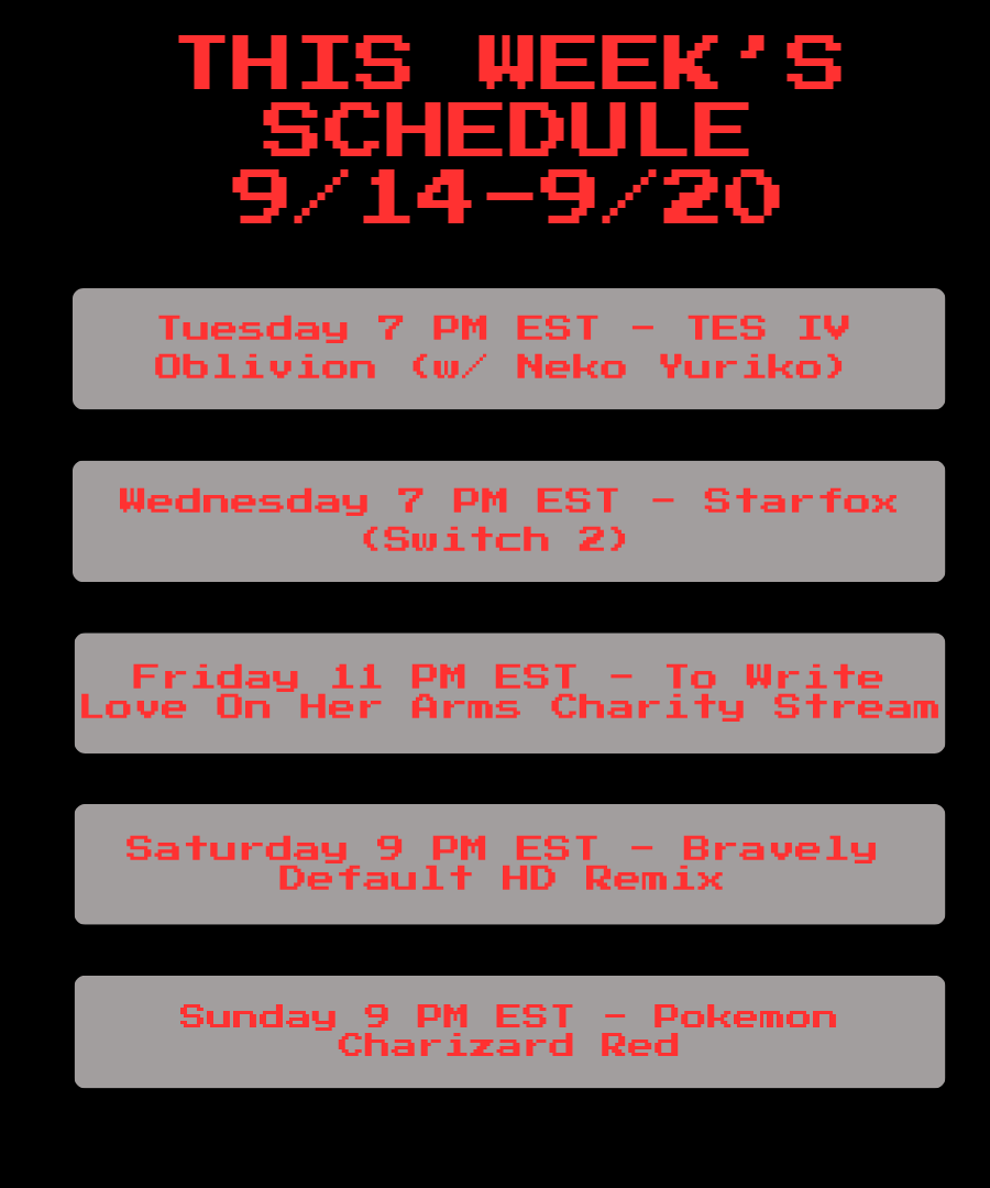 Retronic_Josh's tweet photo. So this week is pretty interesting! We play The Elder Scrolls IV Oblivion with our lovely friend Neko Yuriko on Tuesday and on Friday, we have the Charity stream for To Write Love On Her Arms! I hope everyone looks forward to these neato streams! https://t.co/cg2KHwsEAj