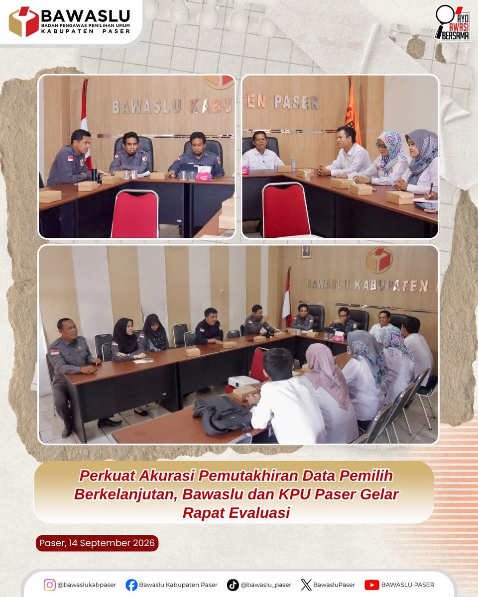 PaserBawaslu's tweet photo. Halo #SahabatBawasluPaser 👋

Dalam rangka memastikan akurasi dan keberlanjutan pemutakhiran data pemilih, Bawaslu Kabupaten Paser bersama KPU Kabupaten Paser melaksanakan Rapat Evaluasi Pemutakhiran Data Pemilih Berkelanjutan (PDPB).

#BawasluPaser #BawasluMengawasi #PDPB https://t.co/JV4ZzquD4X