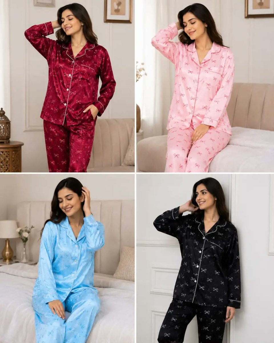 igor833's tweet photo. 3-Piece Bow Print Nightwear Set with Piping: Shirt, Trousers &amp; Hair Scrunch. Imported China Silk. Shirt Chest 20/21, Length 29/30. Trouser Length 37/38. DM to order. https://t.co/PpSDgGhPnS