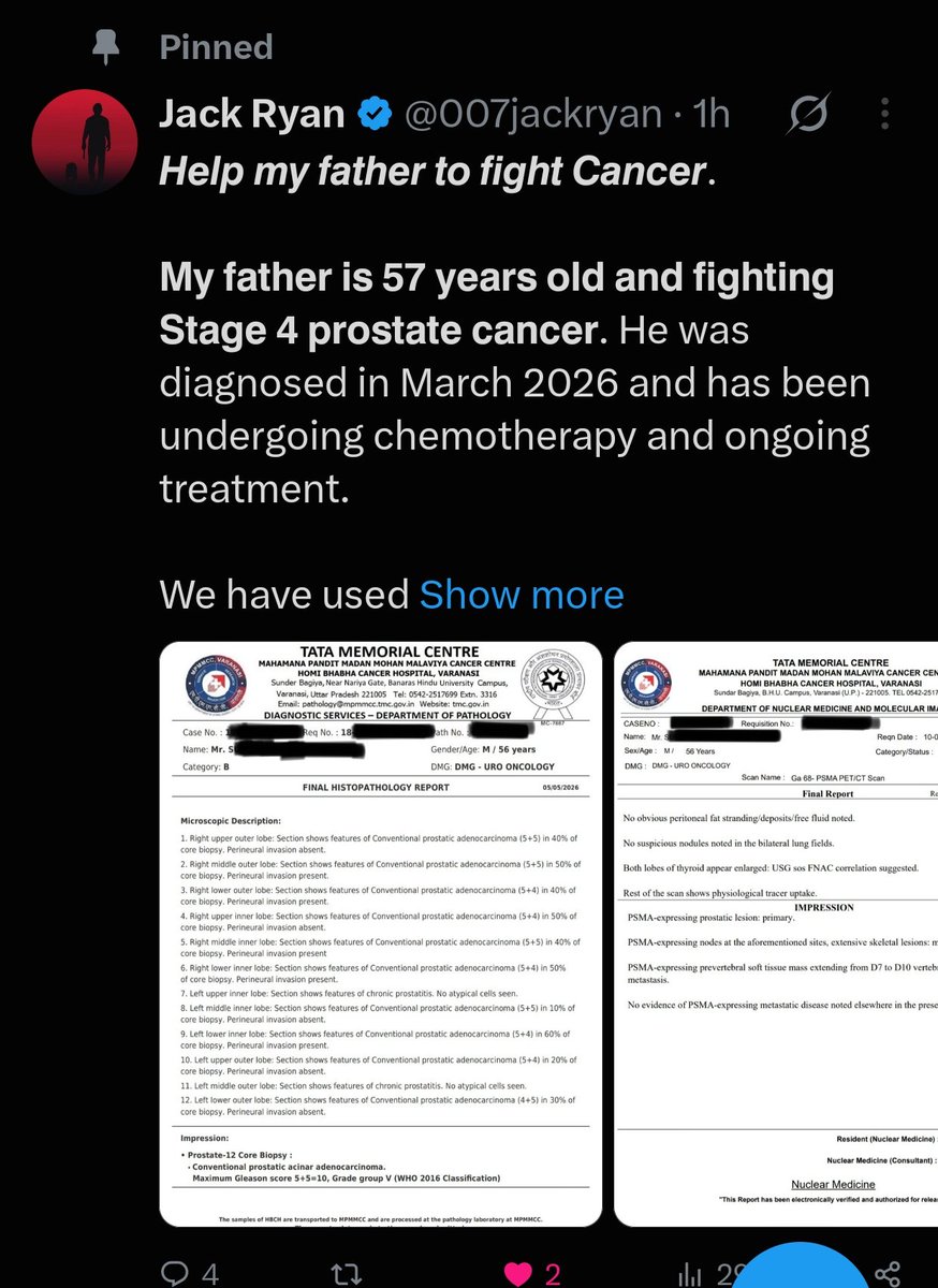 007jackryan's tweet photo. @lated1eyoung @korraflow @MitchJonez @Johnyy_bravooo
@kategaidamaka 
man can you guys please take 1 sec . Please help me man , I am struggling badly. My father is fighting with cancer also.
I have attached all the reports . Every single checkup or chemo we have ever please help mr
