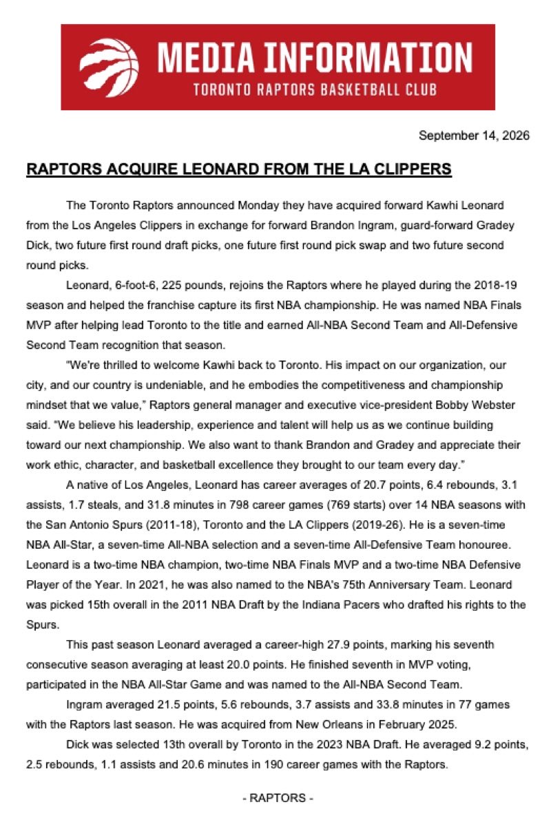 BrettSiegelNBA's tweet photo. Now official: The Raptors announce that they have finalized a trade with the Clippers for Kawhi Leonard. https://t.co/sLAZNsBGWQ