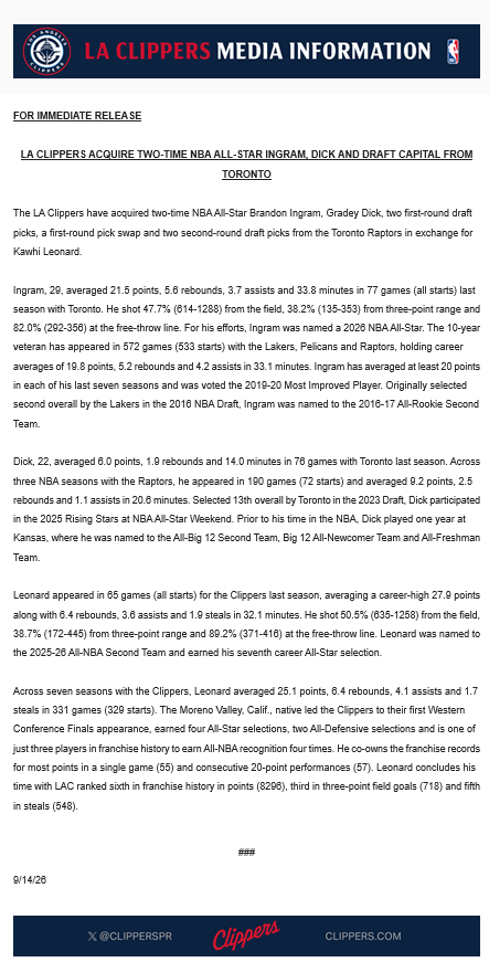 ClippersPR's tweet photo. LA CLIPPERS ACQUIRE TWO-TIME NBA ALL-STAR INGRAM, DICK AND DRAFT CAPITAL FROM TORONTO https://t.co/CcI3CnM8RF
