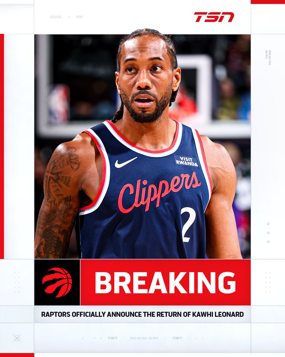 TSN_Sports's tweet photo. IT'S OFFICIAL! KAWHI LEONARD IS A TORONTO RAPTOR ONCE AGAIN. 🔴 https://t.co/AksMzV4J5y