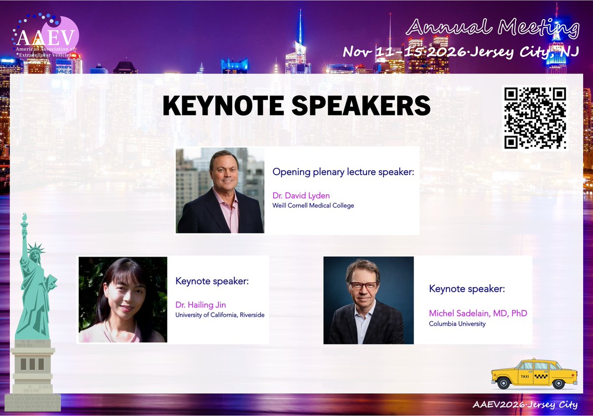AAEV_org's tweet photo. 🌟 AAEV 2026 is coming to Jersey City! 🌟 
Join us Nov 11–15, 2026 for an exciting program featuring renowned keynote & invited speakers, Co-Chairs Ke Cheng & Susmita Sahoo, and a special Editors’ Panel with editors from Nature Biomedical Engineering, Cell Stem Cell, and Nature Nanotechnology. 
🧬 Cutting-edge EV science 
🎤 Outstanding speakers
 📝 Meet leading journal editors 
🤝 Connect with the EV community 
📍 Jersey City, NJ 
📅 Nov 11–15, 2026 
Don’t miss #AAEV2026! 🫧 
https://t.co/CUUXeigMcc 
#ExtracellularVesicles #EVs #Exosomes #EVResearch #AnnualMeeting
