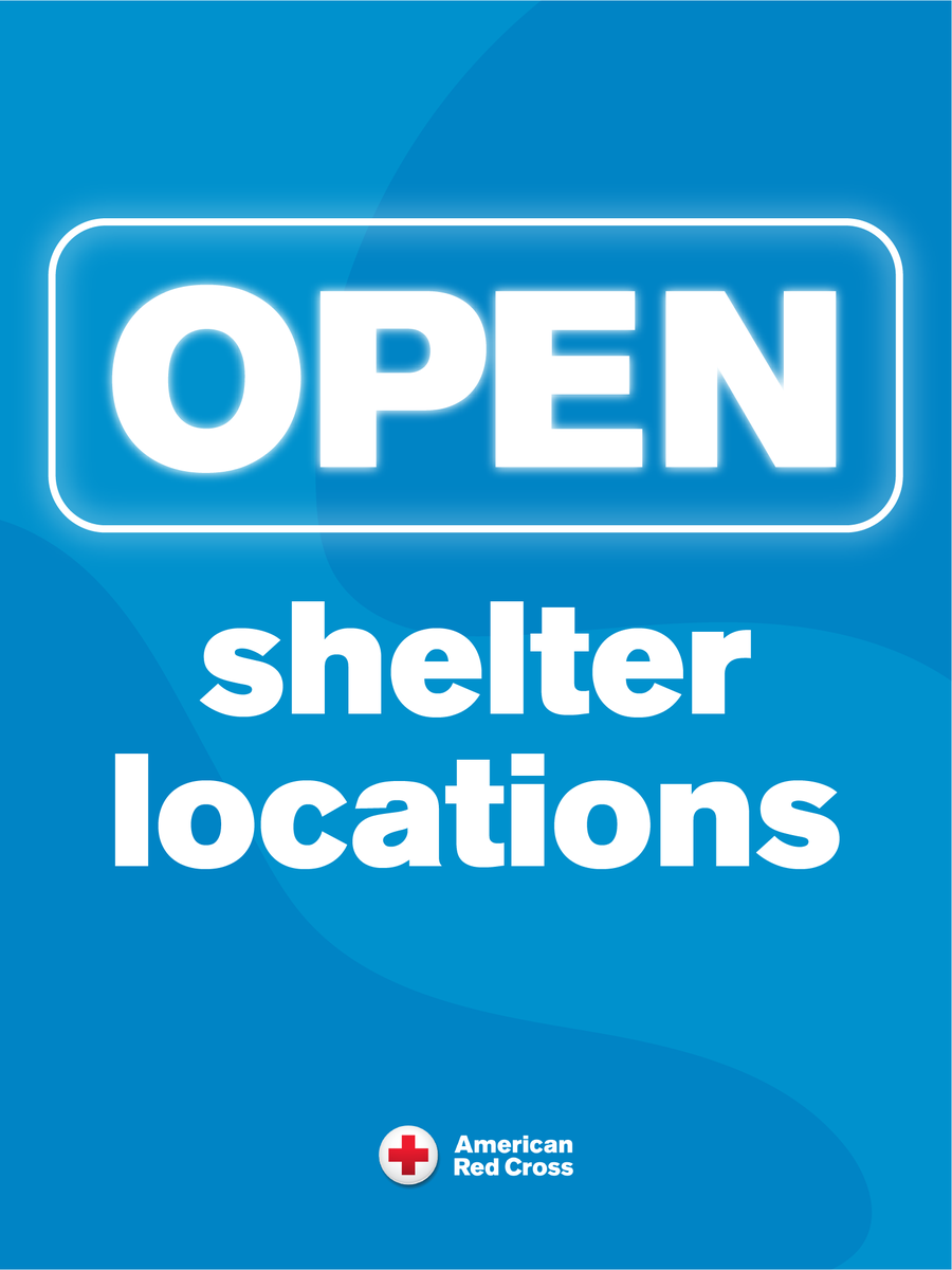 Bright blue poster with the words "OPEN shelter locations" in large white text. The American Red Cross logo is at the bottom.