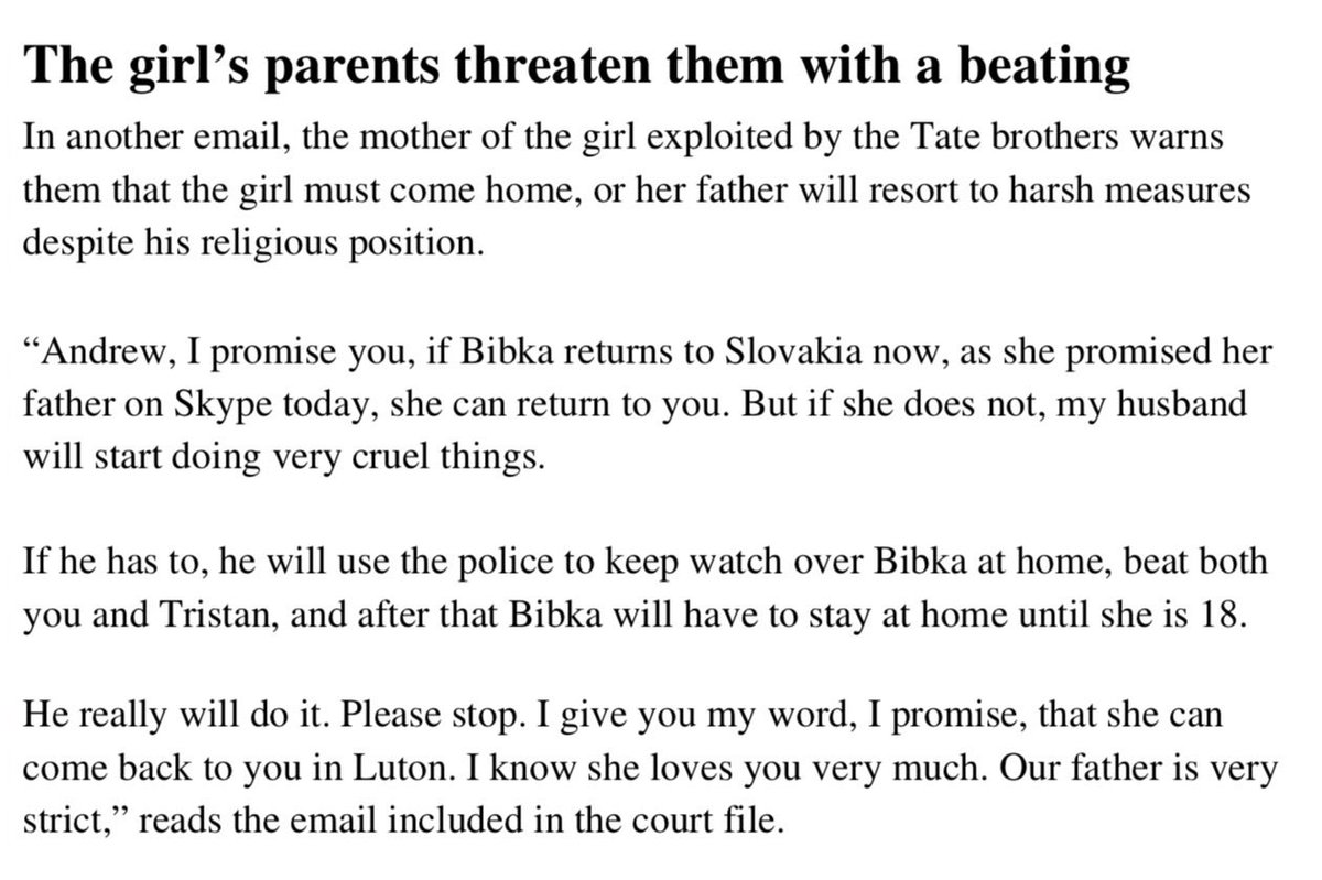 traploreross's tweet photo. The father of the minor Andrew Tate allegedly trafficked to England from Slovakia emailed him asking for her back and her mom followed up saying he was going to beat him up. It’s looking ugly for Tate https://t.co/veHT3Q3Mxj