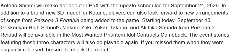 _mayaamano's tweet photo. Kotone is officially releasing on September 24 with new arrangements for P3P songs i'm so excited for the new wiping all out https://t.co/3vyiWp033k