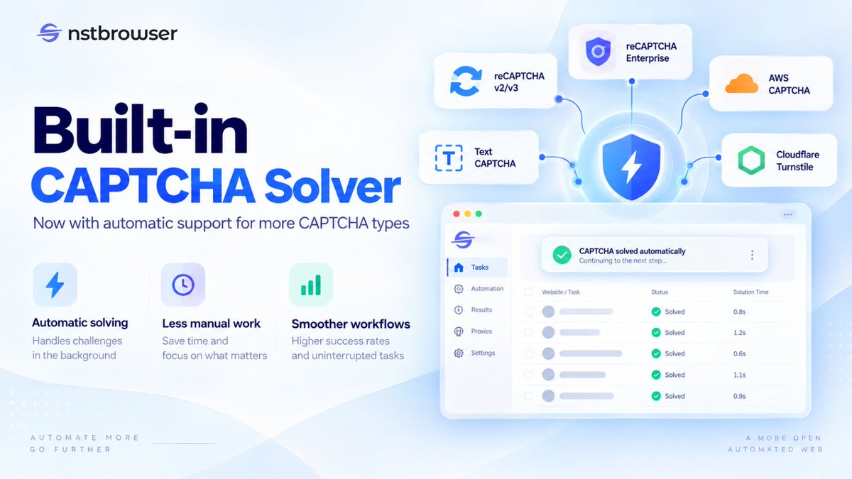 nstbrowser's tweet photo. New in Nstbrowser: Built-in CAPTCHA Solver ⚡

CAPTCHA handling is now automatic — no extra setup, no switching tools.

Supports:
• reCAPTCHA v2/v3
• reCAPTCHA Enterprise
• Text CAPTCHA
• AWS CAPTCHA
• Cloudflare Turnstile

#captcha #anticaptcha #update https://t.co/wYF0ZlxsEd