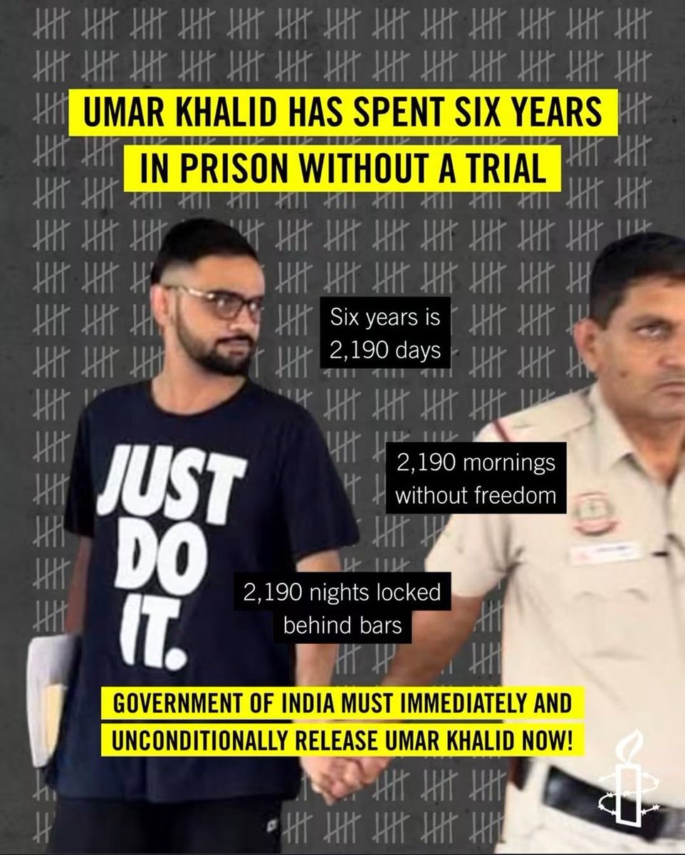 SFatima46894's tweet photo. Years in jail. No trial. Still no justice.

When bail is denied and trial is endlessly delayed, delay itself becomes punishment.

A fair and speedy trial is a right—not a privilege.

Release #UmarKhalid

#EngineersDay #AsiaCup
#GodMorningTuesday 
#GaneshChaturthi https://t.co/70iF9Spmh8