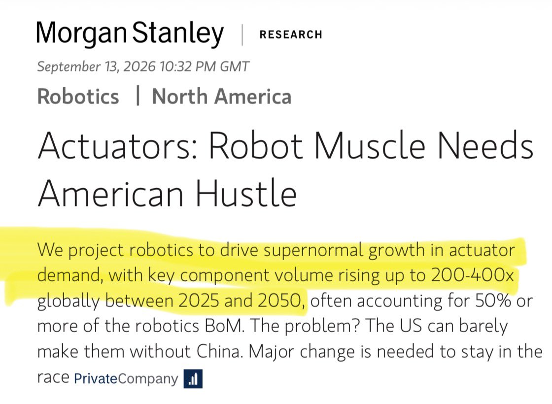 nunzi46's tweet photo. The fellas at @MorganStanley are officially actuator pilled:

“To give investors a sense of scale for the opportunity (globally here, not just
the US), we proxy the actuator opportunity as motors + bearings + reducers, sizing the 2030 global TAM at $94bn in our base case...”