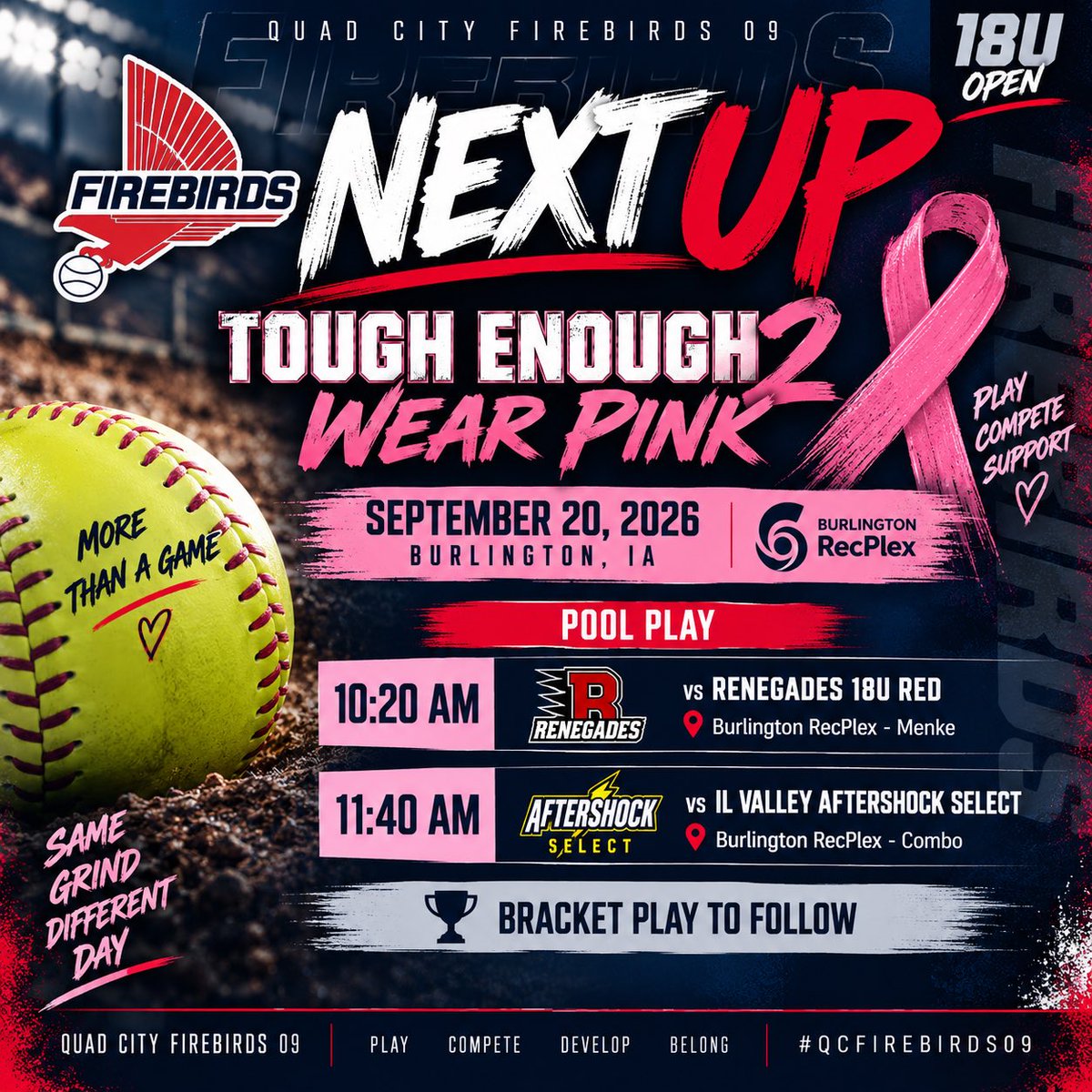 QCFirebirds09's tweet photo. 🎀 NEXT UP: Tough Enough 2 Wear Pink

The Firebirds head to Burlington this Sunday for 18 Open competition! 🔥

🥎 10:20 AM vs Renegades 18U Red
🥎 11:40 AM vs IL Valley Aftershock Select
🏆 Bracket play to follow

#QCFirebirds09 #SoftballRecruiting https://t.co/ynQveGKOal