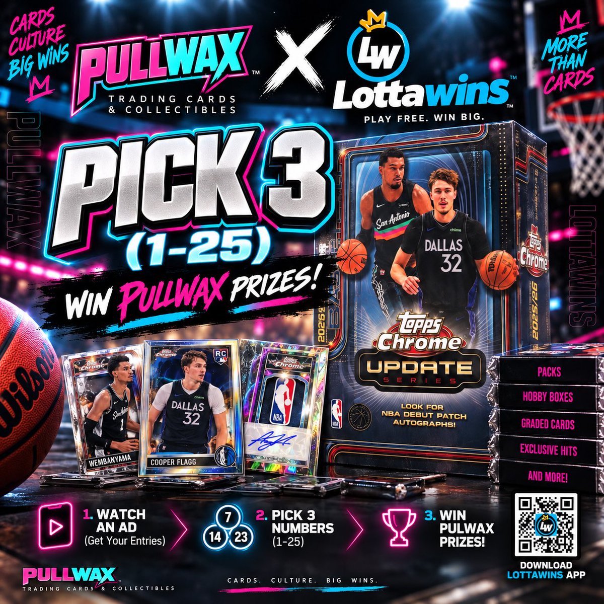 Lottawins_app's tweet photo. PULLWAX 🤝 LOTTAWINS

CARDS. CULTURE. BIG WINS. 🔥

We teamed up with Pullwax for a new Pick 3 (1–25) sweepstakes 🎯

📺 Watch an ad
🔢 Pick 3 numbers
🏆 Win PULLWAX PRIZES — packs, hobby boxes, graded cards, exclusive hits &amp; more.

FREE TO PLAY. REAL PRIZES.

Download Lottawins https://t.co/xRsZz61eAv
