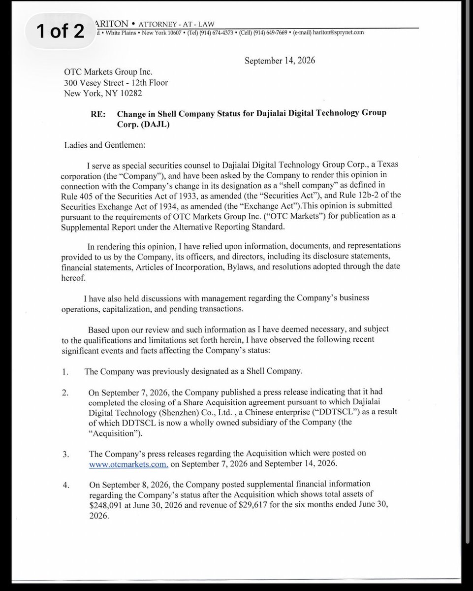 coldhardcash_mb's tweet photo. $DAJL.   DAJL’s securities attorney has formally advised OTC Markets that the company no longer meets the definition of a shell company and should be reclassified as an active operating company, effective Sept. 7, 2026.

This follows the completed acquisition of DDTSCL, now a 100% wholly owned subsidiary, giving DAJL substantive business operations. The opinion specifically cites the acquisition, assets and reported revenue.

Another important piece of the corporate cleanup falling into place. Now we watch for OTC Markets to officially update the shell designation. 👀