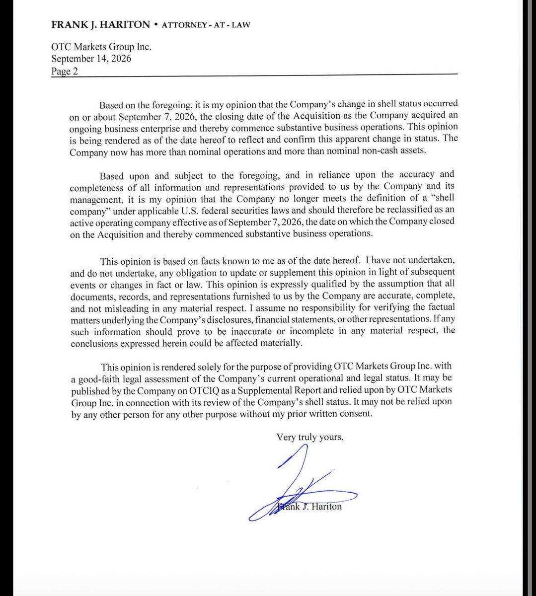 coldhardcash_mb's tweet photo. $DAJL.   DAJL’s securities attorney has formally advised OTC Markets that the company no longer meets the definition of a shell company and should be reclassified as an active operating company, effective Sept. 7, 2026.

This follows the completed acquisition of DDTSCL, now a 100% wholly owned subsidiary, giving DAJL substantive business operations. The opinion specifically cites the acquisition, assets and reported revenue.

Another important piece of the corporate cleanup falling into place. Now we watch for OTC Markets to officially update the shell designation. 👀