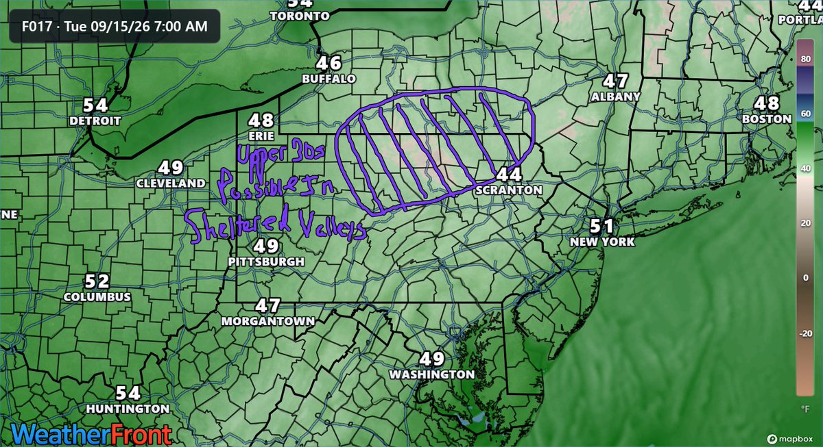 AppalachiaWx's tweet photo. Chilly Night Expected Across the Central Appalachians And Northeast!!!

Summary: 

A dry, fall-like air mass that settled into the region on Monday will lead to a chilly night across the region. With light winds and low dew points in place, radiational cooling will allow temperatures to drop quickly after sunset. Many rural areas in Pennsylvania, northeastern West Virginia, western Maryland, and southern New York will see temperatures dip into the 40s by Tuesday morning. It is possible that a few of the typically colder valleys in northern Pennsylvania and southern New York could see lows in the upper 30s; however, frost does not appear to be an issue at this time. 

#pawx #WVWX #ohwx #mdwx #NYwx #fallweather