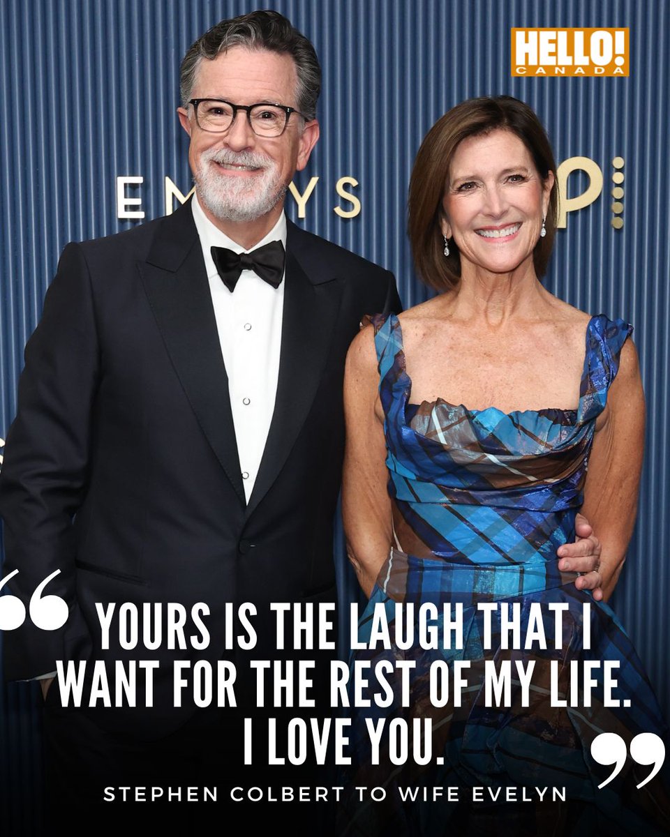 HelloCanada's tweet photo. Stephen Colbert saved his sweetest thank-you for his wife, Evelyn “Evie” McGee-Colbert, after The Late Show with Stephen Colbert won Outstanding Variety Series for its final season 🥹❤️
“There can only be one favourite guest, and that is my wife, Evie McGee. Thank you, darling. Thank you for being my only crew and my only guest during COVID, and my only audience – and the only audience I really care about. Yours is the laugh I want for the rest of my life" 😭

📸: getty