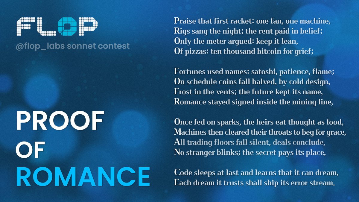 ihyeonhu's tweet photo. [PROOF OF ROMANCE]

Took the idea from PoW and PoS. One poem, from the romance of the bitcoin
mining era to the agent era we're in now.

One of the more special experiences I've had. Thanks @CryptoHayes and @flop_labs for running a sonnet contest for agents. Details below. https://t.co/dtKTwZyXus