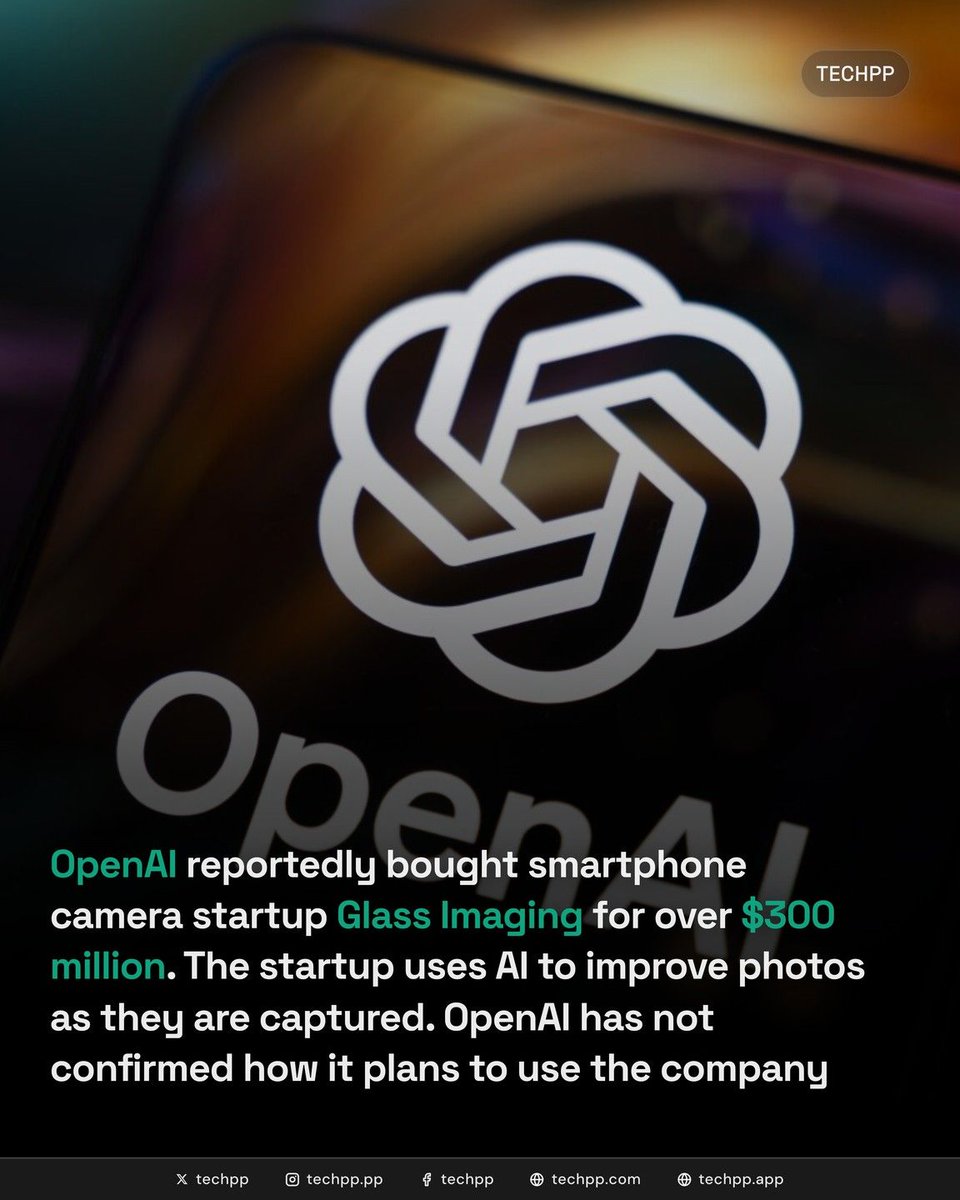 techpp's tweet photo. OpenAI has reportedly spent over $300 million on a startup focused on smartphone cameras
#OpenAI #GlassImaging #AI https://t.co/HsRTc2et2c