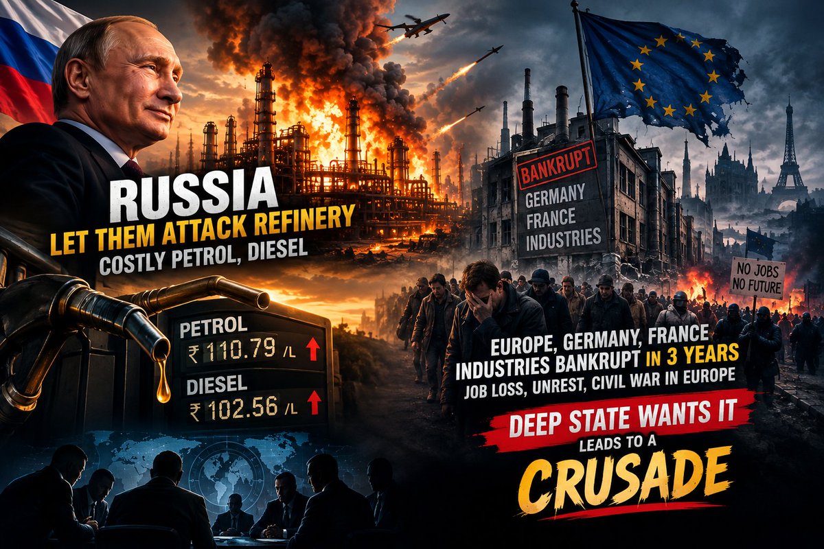 vihaanaviraj13's tweet photo. @visegrad24 Russia let them attack refinery, costly petrol, diesel.
Death of Europe, blessing for Russia.
Europe, Germany, France industries bankrupt in 3 years.
Job loss, unrest, civil war in Europe. Deep State wants it, leads to crusade.#Syzran #crusade #deep_state #alien #dedollarization https://t.co/a53ansASnE