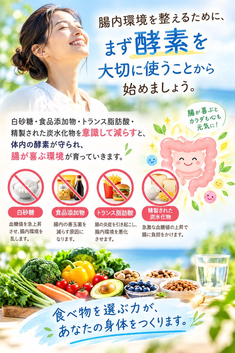 godhandhiro358's tweet photo. 腸内環境を整えるために
まず酵素を大切に使うことから
始めてみましょう♪

白砂糖・食品添加物・トランス脂肪酸・
精製された炭��化物を意識して減らすと
体内の酵素が守られ、
腸が喜ぶ環境が育っていきます

食べ物を選ぶ力が
あなたの身体をつくります。 https://t.co/iSJvikQryu