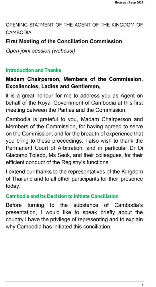 Peace_Palace_KH's tweet photo. Opening Statement of Cambodia's Agent at First UNCLOS Conciliation Commission Meeting in Singapore https://t.co/jEnXmUd5g1