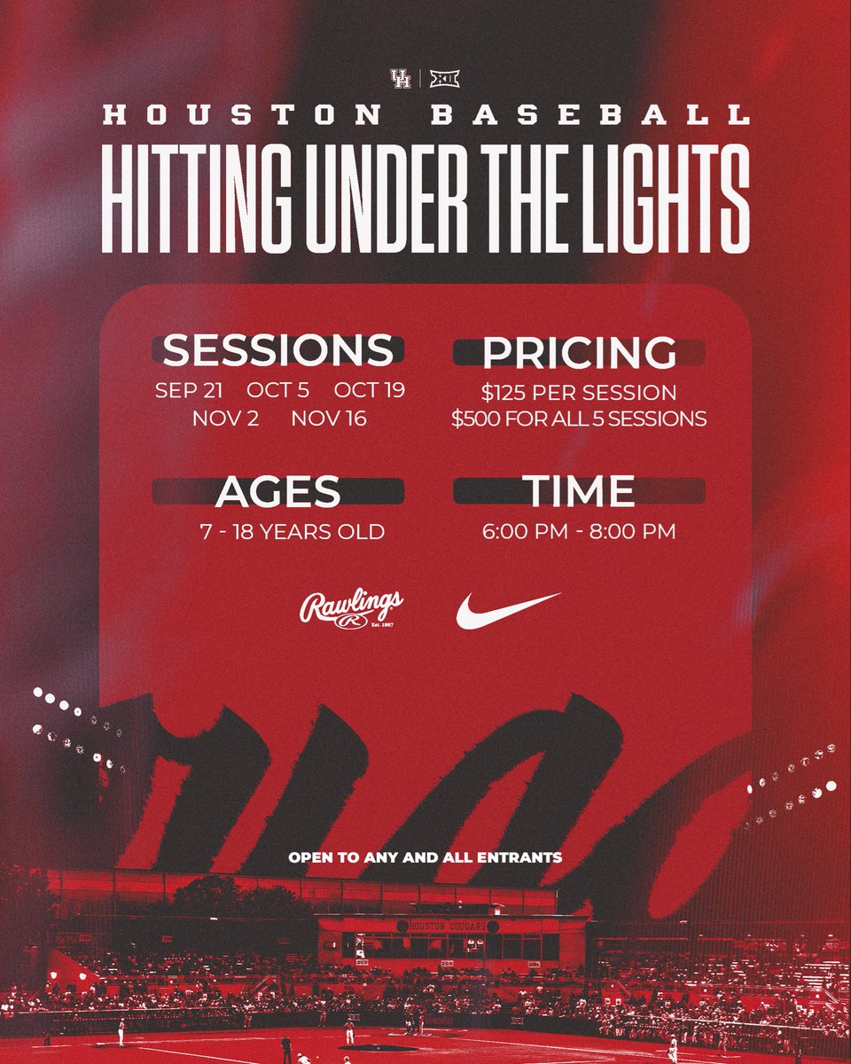 jhardgrove44's tweet photo. Join us this fall for Houston Baseball Hitting Under the Lights at Schroeder Park.

Five Monday night sessions focused on hitting development, competition, and getting better with our staff.

📅 Sept. 21 | Oct. 5 | Oct. 19 | Nov. 2 | Nov. 16
⏰ 6–8 PM
👥 Ages 7–18
💰 $125/session | $500 for all 5

Open to any and all entrants ages 7-18.

#GoCoogs #HoustonBaseball