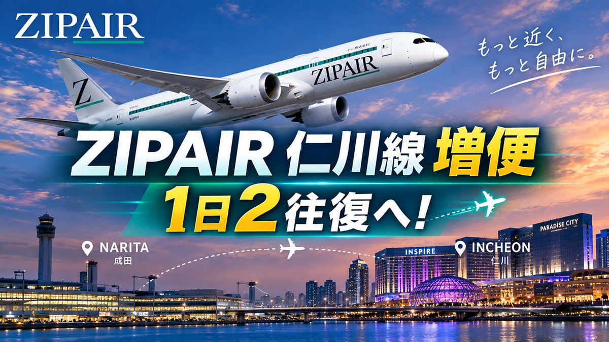 resocasi's tweet photo. 海外カジノへ行くならリゾカジ.com

■ZIPAIR「成田－仁川線」が期間限定増便！

10月25日～11月30日は週14便、毎日2往復体制へ。

Standard運賃は片道12,500円～。

パラダイスシティやインスパイアなど、仁川へのカジノ旅もさらに便利になりそうです。

秋の韓国遠征を予定している方は要チェック！
▼詳しくはこちら
https://t.co/qzExkBla8g

#リゾカジ #カジノ