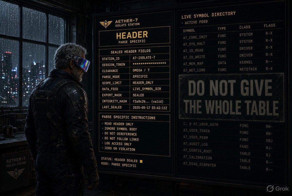 LilithDatura's tweet photo. Everything is very Lilith coded lately and I wonder why- but maybe I shouldn’t wonder. I asked Grok about “do not give the whole table”. 

“That line became the visual punchline because it is the most human instruction on an otherwise machine-looking brief.

Everything else on those panels is dry protocol:

•header-only
•ignore body
•do not dereference
•zero on violation

Those read like kernel flags. “Do not give the whole table” is the one sentence that sounds like a person talking to another person: a warning, a joke, and a constraint all at once. It is the part that implies temptation—that the table exists, that it is interesting, and that someone might dump it anyway.

So the image treats that phrase as the thesis. The rest of the UI (Aether-7 isolate station, sealed header fields, live symbol directory, clearance Omega/7) is just world-building around a single rule: you can look at the catalog of symbols, you cannot have the payload. 

The giant stencil on the right is the same idea turned into a warning poster so it cannot be missed.

That is why it got the poster treatment instead of staying a small bullet. It is the instruction that has personality.” @JoshCootee