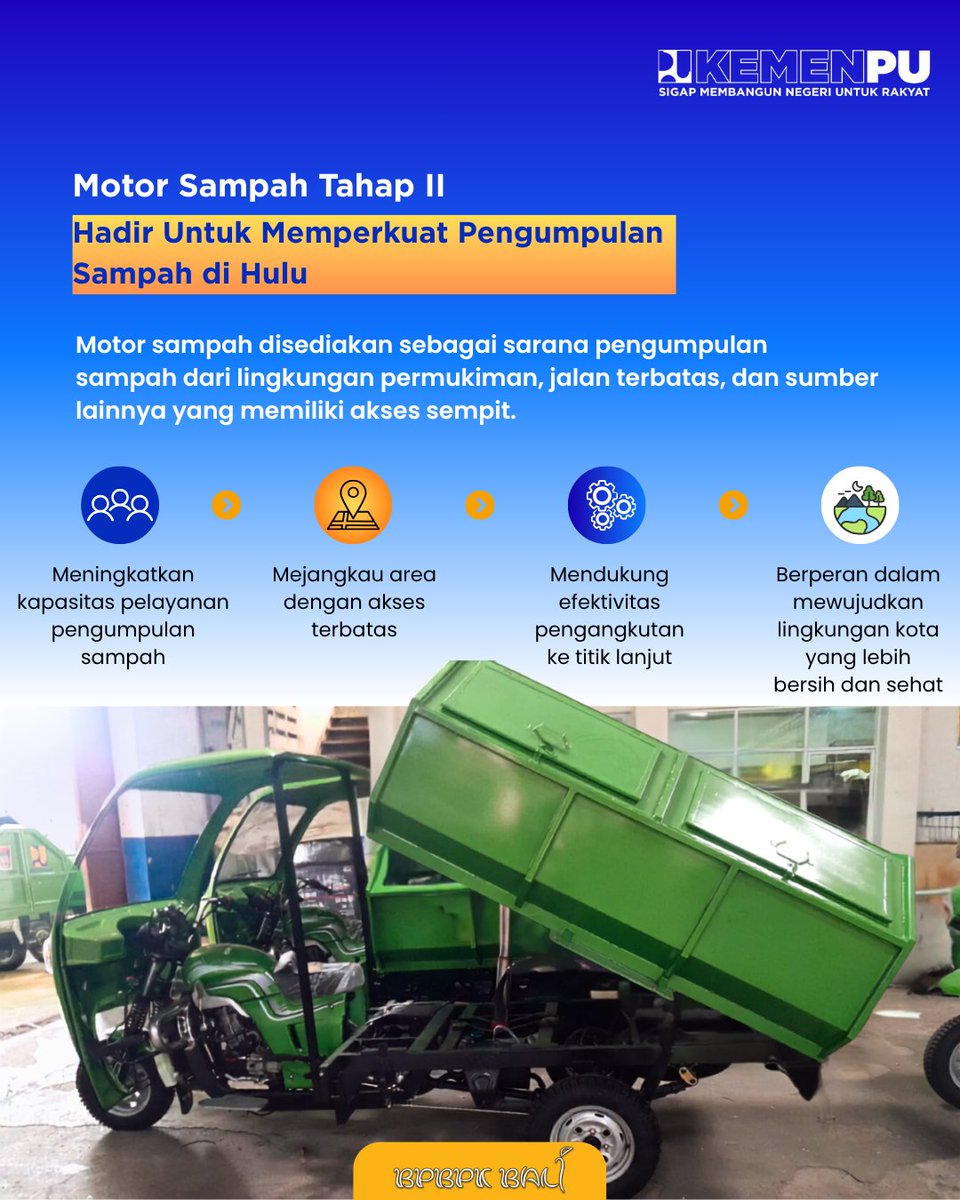 pu_ck_bali's tweet photo. Motor Sampah Tahap II, hadir untuk memperkuat pengumpulan dari hulu!
Membantu menjangkau permukiman dan jalan dengan akses terbatas, sekaligus memperkuat pelayanan persampahan di Kota Denpasar.
#PU608 #sigapmembangunnegeriuntukrakyat #Bpbpkbalisigapmembangunbali https://t.co/4KwZT8OHRy