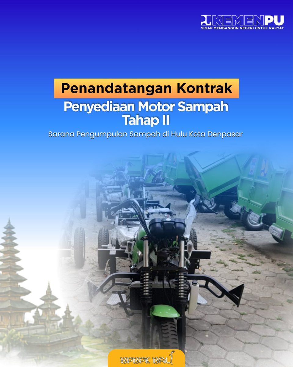 pu_ck_bali's tweet photo. Motor Sampah Tahap II, hadir untuk memperkuat pengumpulan dari hulu!
Membantu menjangkau permukiman dan jalan dengan akses terbatas, sekaligus memperkuat pelayanan persampahan di Kota Denpasar.
#PU608 #sigapmembangunnegeriuntukrakyat #Bpbpkbalisigapmembangunbali https://t.co/4KwZT8OHRy