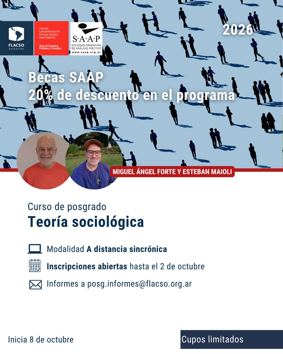 RedSAAP's tweet photo. 📣 ABIERTA LA INSCRIPCIÓN 📣

💻 Modalidad: A DISTANCIA SINCRÓNICA
📆 Inicio: 8 DE OCTUBRE
⏱Duración: 3 MESES
🎓 Si sos socio/a de SAAP, accedés a un 20% de descuento.
ℹ️💰Consultas por aranceles y descuentos: posg.informes@flacso.org.ar

https://t.co/xukLUAhaeX https://t.co/FPy9tBNjCl