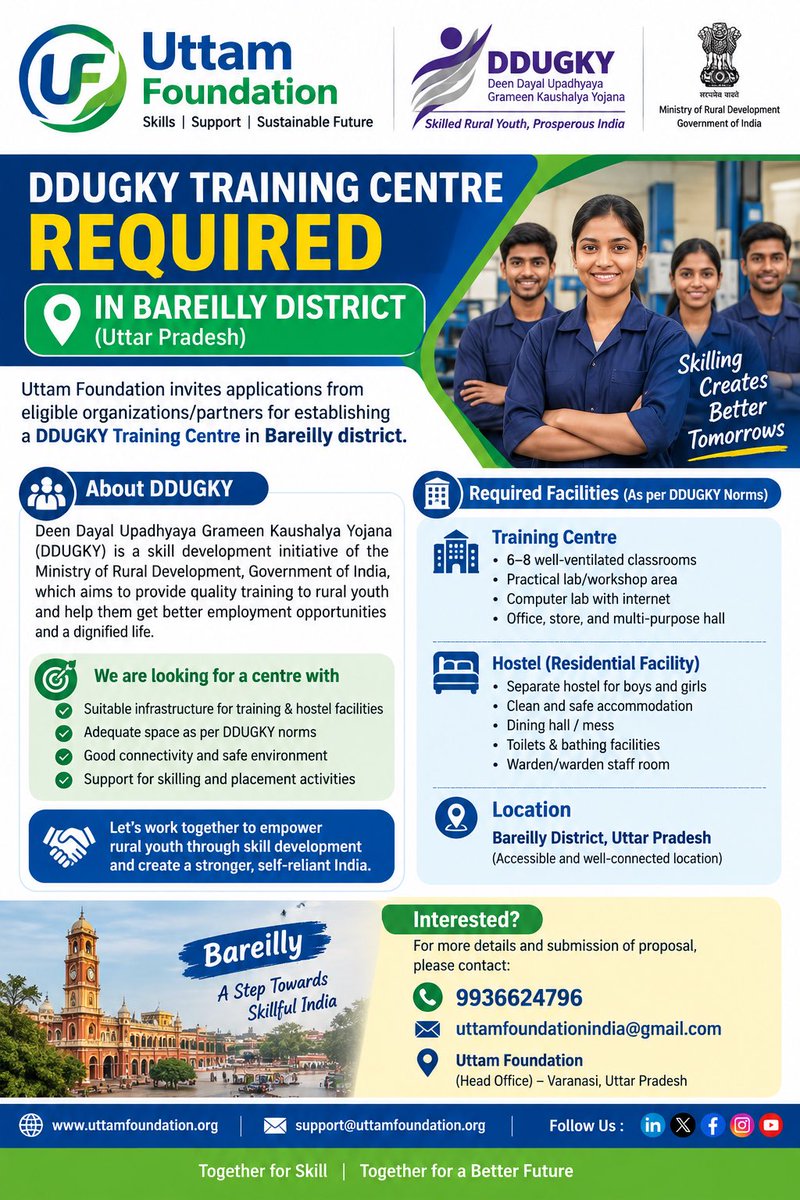 infouttam's tweet photo. 📢 DDUGKY Training Centre Required in Bareilly, Uttar Pradesh!
📍 Bareilly District, UP
📞 9936624796
📧 uttamfoundationindia@gmail.com
🌐 https://t.co/NXEX5RcR3R

Let’s empower rural youth through Skills, Employment &amp; Opportunities.
#DDUGKY #UttamFoundation #SkillDevelopment https://t.co/KXfJT4rxza