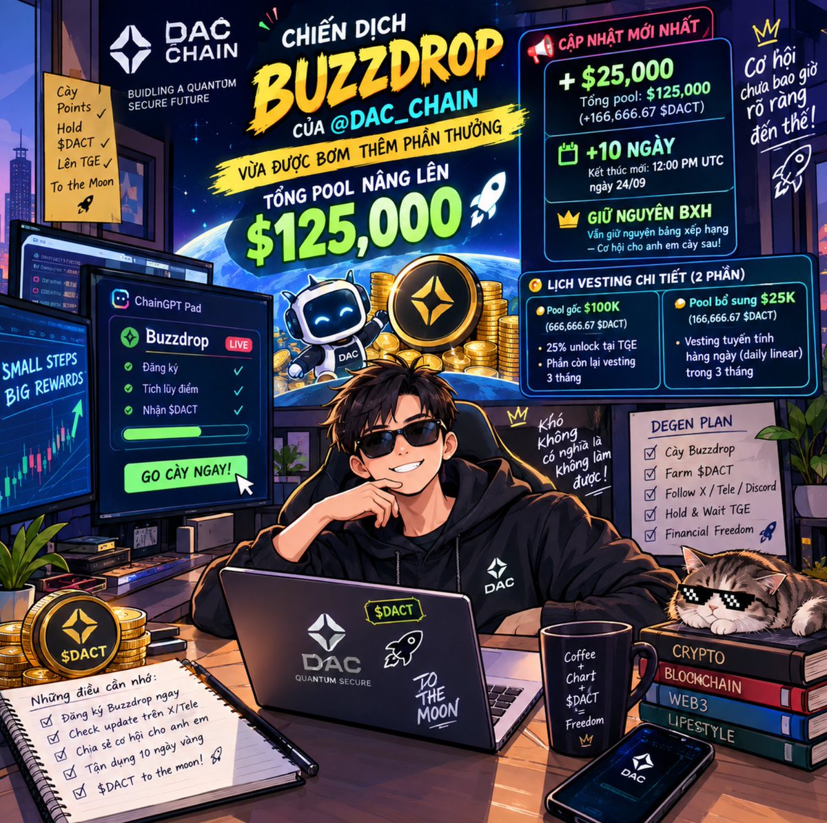 thorrlts's tweet photo. 🚨 CHIẾN DỊCH BUZZDROP CỦA @dac_chain  VỪA ĐƯỢC BƠM THÊM PHẦN THƯỞNG – TỔNG POOL NÂNG LÊN $125,000! 🚀

Nếu nghĩ đã quá trễ để cày $DACT thì tin vui cho anh em đây: Đội ngũ vừa tung cú hích cực gắt cho chiến dịch Buzzdrop trên ChainGPT Pad. Thêm tiền, thêm thời gian, giữ nguyên Bảng xếp hạng — cơ hội chia lại ván bài cho ai biết chớp thời cơ!

🔥 BÓC TÁCH CÁC CẬP NHẬT MỚI NHẤT:

Bơm thêm $25,000: Tổng pool thưởng nâng từ $100K lên thẳng $125,000 (bổ sung thêm 166,666.67 $DACT).
Gia hạn thêm 10 ngày: Thời hạn kết thúc mới dời sang 12:00 PM UTC, ngày 24/09.
Giữ nguyên Bảng xếp hạng: Anh em cày sau vẫn còn nguyên 10 ngày vàng để tăng tốc vượt mặt đối thủ.

📌 LỊCH VESTING CHI TIẾT DÀNH CHO CẢ 2 PHẦN:

Pool gốc $100K (666,666.67$DACT): Unlock 25% ngay tại TGE, phần còn lại vesting trong 3 tháng.
Pool bổ sung $25K (166,666.67$DACT): Vesting tuyến tính hàng ngày (daily linear) trôi đều trong 3 tháng.

Cơ hội nhận phồng ví $DACT chưa bao giờ rõ ràng đến thế. Đừng nằm ngơ ngác nhìn người khác lượm lặt phân bổ nữa!

👉 Đăng ký suất Buzzdrop & Pre-TGE ngay tại đây:
https://t.co/ySXUyu0uTC

Cập nhật thông tin chuẩn xác và nhận role Discord sớm nhất:
🌐 Research X: https://t.co/CtpjA9jC2b
💬 Community Tele: https://t.co/8fZGNAeGsf
👾 Discord: https://t.co/Ul8QgXuQha

$DACT #DAC @DAC_CHAIN #Buzzdrop #Airdrop #AlphaCaller #ChainGPTPad