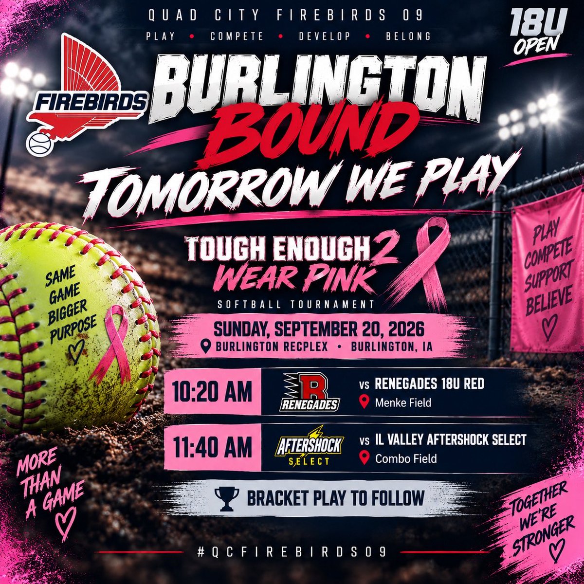 QCFirebirds09's tweet photo. 🔥 BURLINGTON BOUND!

Tomorrow we compete at Tough Enough 2 Wear Pink 🎀

🥎 10:20 AM vs Renegades 18U Red
🥎 11:40 AM vs IL Valley Aftershock Select
🏆 Bracket play to follow

Ready to compete. Ready to represent.

#QCFirebirds09 #SoftballRecruiting https://t.co/HlqHm5ahxP
