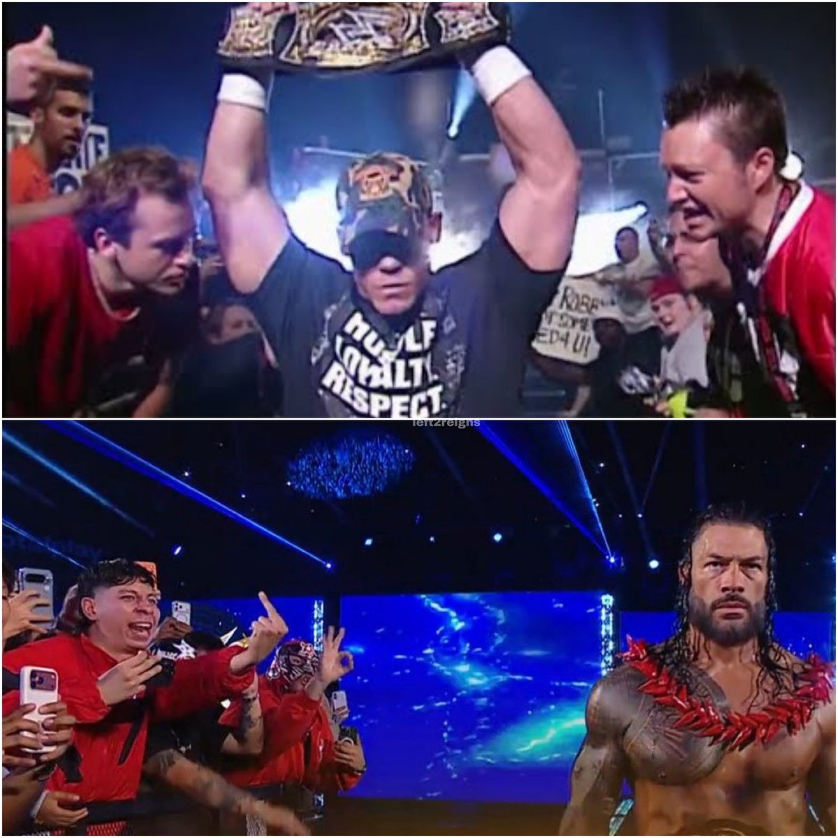 left2reigns's tweet photo. John Cena 🤝 Roman Reigns

getting the middle finger from the audience lmfao

#WWERaw https://t.co/VvrXsfCR91