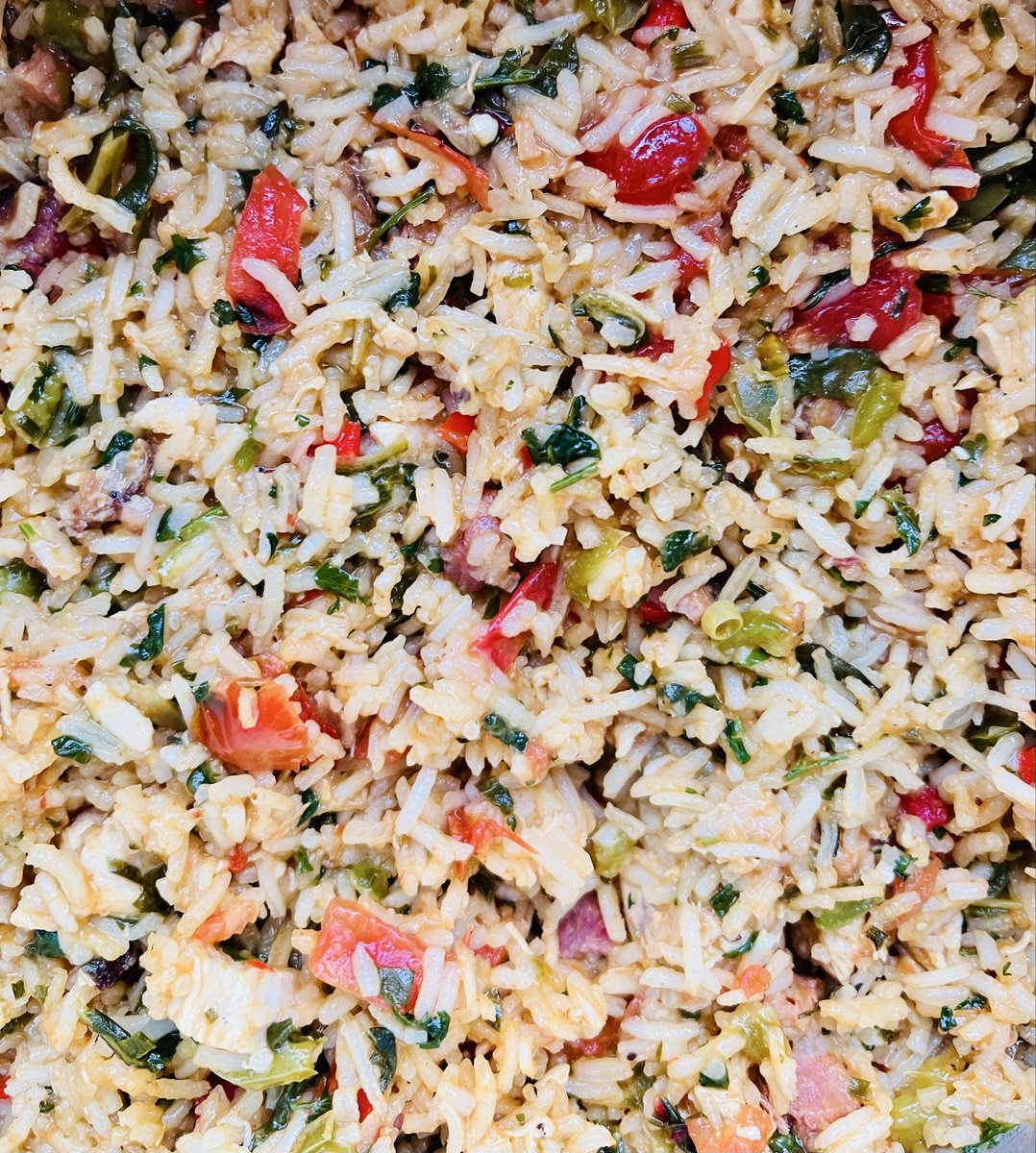 Closeup photo of a pot of homemade jambalaya.