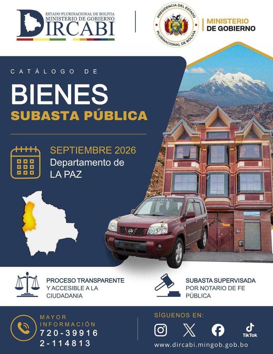 dircabi_bolivia's tweet photo. 𝗝𝗘𝗙𝗔𝗧𝗨𝗥𝗔 𝗗𝗘𝗣𝗔𝗥𝗧𝗔𝗠𝗘𝗡𝗧𝗔𝗟 #DIRCABI #LaPaz
Te invita a ser parte de la Subasta Pública del Segundo Cuatrimestre 2026.
Más información: 72039916
Descarga el catálogo: https://t.co/DGLQtRNbCg
#Bolivia #SubastaPublica 
@dircabi_bolivia  – @MindeGobierno https://t.co/ne19GlzZMT