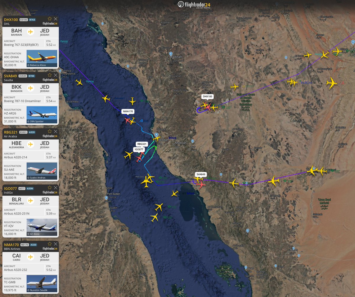 flightradar24's tweet photo. Saudi Arabian officials have issued a warning for the Jeddah Governorate for a "potential danger.” Flights to Jeddah are currently being held. https://t.co/7En32Zonfd https://t.co/07insUAXdo