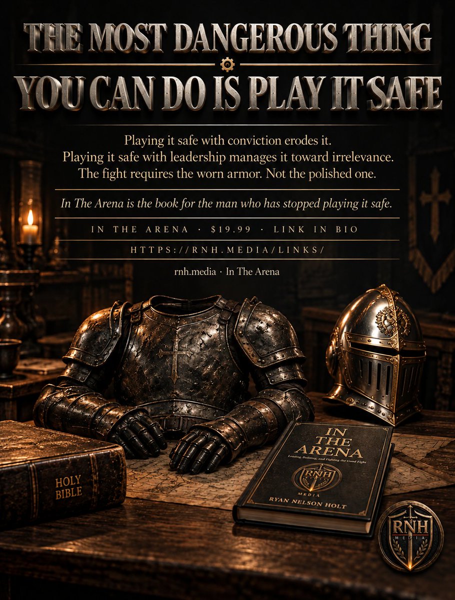ryannelsonholt's tweet photo. The most dangerous thing you can do is play it safe. ⚔️

Playing it safe with conviction weakens it. 📊

Convictions that are never tested in costly rooms become untrustworthy in the most critical moments.
Playing it safe with leadership leads to insignificance.

The formation was not designed for safety. It was built for the fight.

In The Arena is the book for the man who has stopped playing it safe.

$19.99. Amazon. 🔗 https://t.co/64ggOA6zkx

#TheMostDangerousThing #PlayItSafe #FaithDrivenLeadership #InTheArena #ForgedNotFixed #EliminateDrift