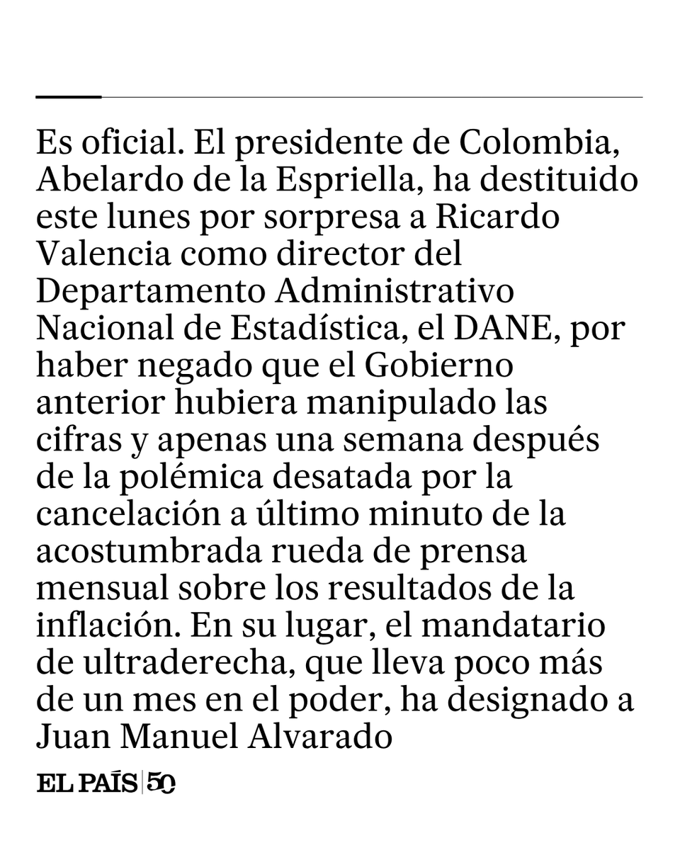 ElPaisAmericaCo's tweet photo. El presidente de Colombia despide al jefe de la entidad estadística por descartar que el anterior Gobierno hubiera manipulado las cifras https://t.co/VHcBl111Y3 https://t.co/xBNPQXARD3