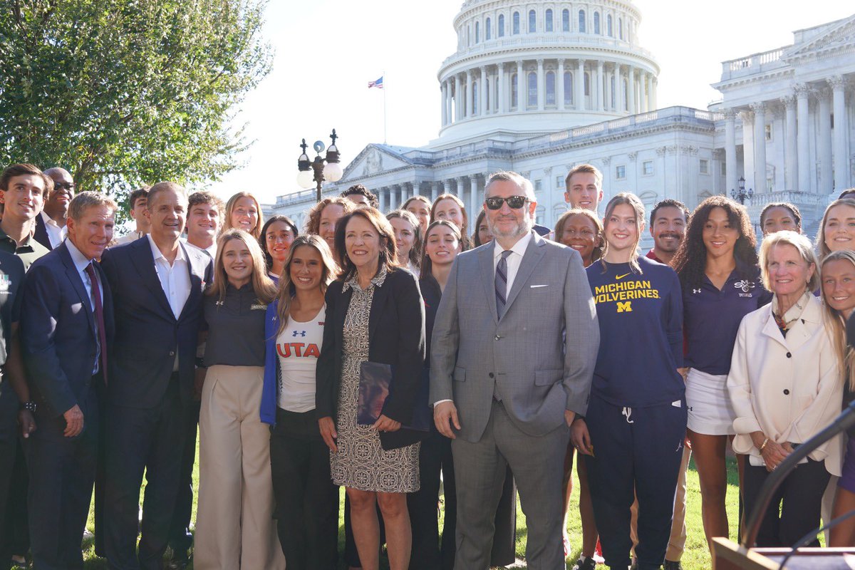 SenTedCruz's tweet photo. College sports are a uniquely American tradition. They bring us together and have opened the door to college for millions of young men and women.

Today, I was joined by Sens. Cantwell, Capito, Hickenlooper, and Hoeven, more than 30 student athletes, and coaches John Calipari, Mark Few, Craig Bohl, Craig Robinson, and Houston’s own Kelvin Sampson to make the case for the bipartisan Protect College Sports Act.

The chaos in college athletics threatens scholarships, women’s sports, and Olympic sports. The stakes are too high to do nothing. Congress must bring order to the Wild West and preserve college sports for generations to come.