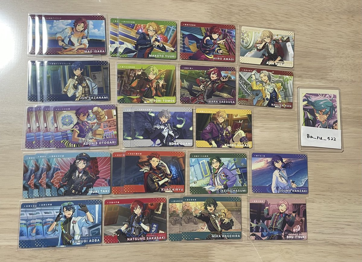 Ba_ru_522's tweet photo. 【交換】
あんスタ　カードダス　vol.2

譲：真緒3、真2、一彩、藍良、ジュン3、日和、茨、凪砂、アドニス4、晃牙2、薫、維吹3、紅郎2、敬人、颯馬、つむぎ2、夏目、みか2、宗

求：ライカ＞ユメ

郵送のみ📮
検索からもお気軽にお声がけ下さい🙇 https://t.co/TOvXrsRHzV