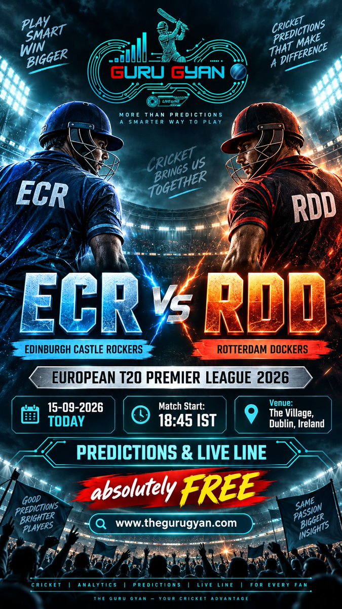 TheGuruGyanAI's tweet photo. Get Ready for #EuropeanT20PremierLeague2026 Match
#EdinburghCastleRockers vs #RotterdamDockers
TODAY at 18:45
Live Score & FREE Predictions:
https://t.co/7QM9eJgQZr
#TheGuruGyan #LiveLine #FreeCricketPredictions #ECR #RDD
Read full article: https://t.co/7QM9eJgQZr https://t.co/0SMXMc0CN7