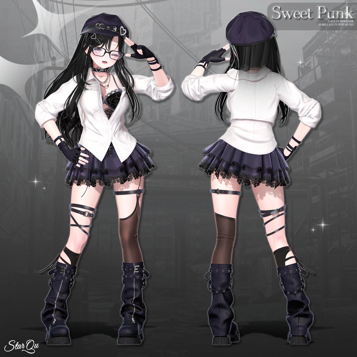 starqu_vrc's tweet photo. 🖤🎀 Sweet Punk 🎀🖤

甘め × PUNKな新作コーデ
レースやベルト、ルーズなシルエットまで
 全身で見るとこんな感じです📸✨

甘さの中に、ちょっと強めのアクセント。
 細かいディテールまでこだわった一着です🖤⛓️

続報もぜひお楽しみに✨ https://t.co/7eMnqmFt2U