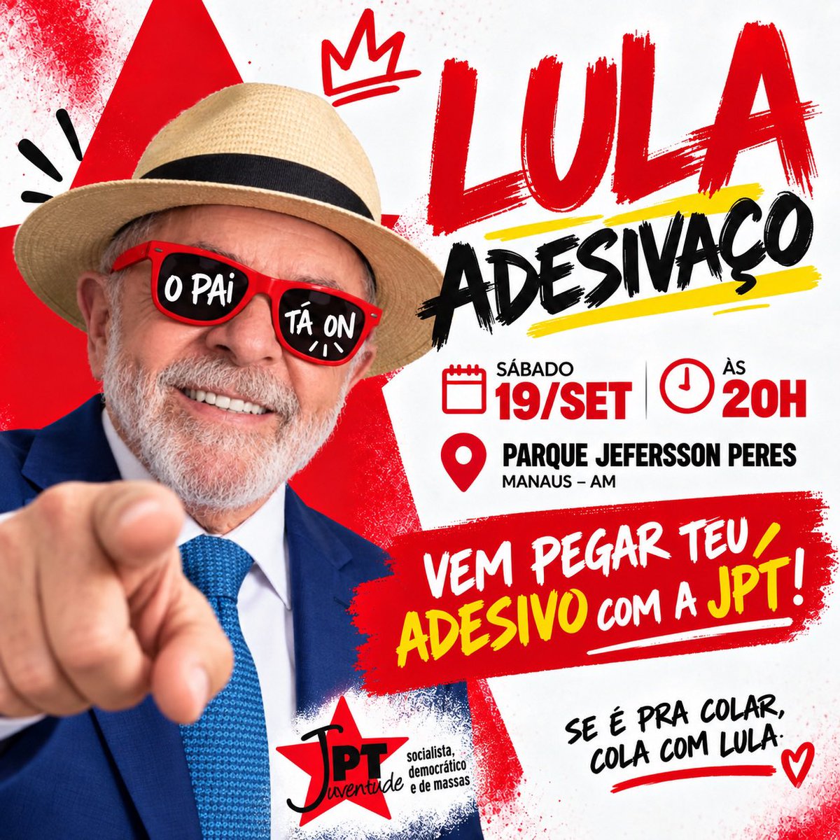 vitoriadoam's tweet photo. sábado é dia de colocar a estrela na rua ⭐️🚩

a jpt amazonas vai fazer um adesivaço com lula no parque jefferson péres, às 20h. chama a galera, pega teu adesivo e vem com a gente!

se é pra colar, cola com lula. ❤️

#JPTAmazonas #TimeDoLula https://t.co/8qyj33M0WZ