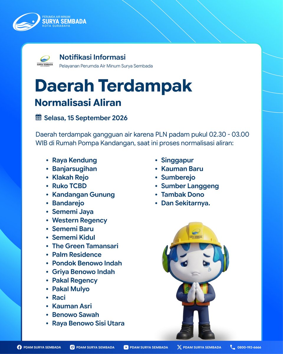 PDAMSurabaya's tweet photo. 🔧 𝗜𝗡𝗙𝗢 𝗟𝗔𝗬𝗔𝗡𝗔𝗡💧

Pagi ini pukul 02.30 WIB Rumah Pompa Kandangan beroperasi by pass karena PLN padam. Pukul 03.00 WIB Rumah Pompa Kandangan beroperasi normal kembali.
 
Mohon maaf atas ketidaknyamanannya. 🙏🏻💙

#infogangguanpdamsby #RayaKendung #Benowo #beritapdamsby https://t.co/UDF7wJXa4o